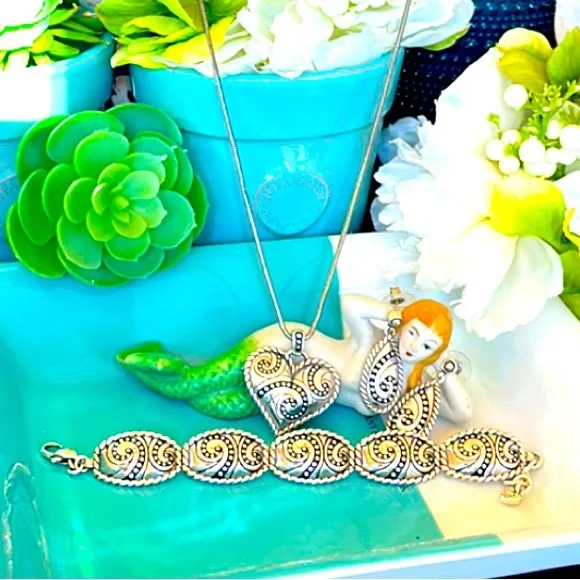 Brighton BIANCA Silver Swirl Scroll Heart Necklace Bracelet Earrings RARE